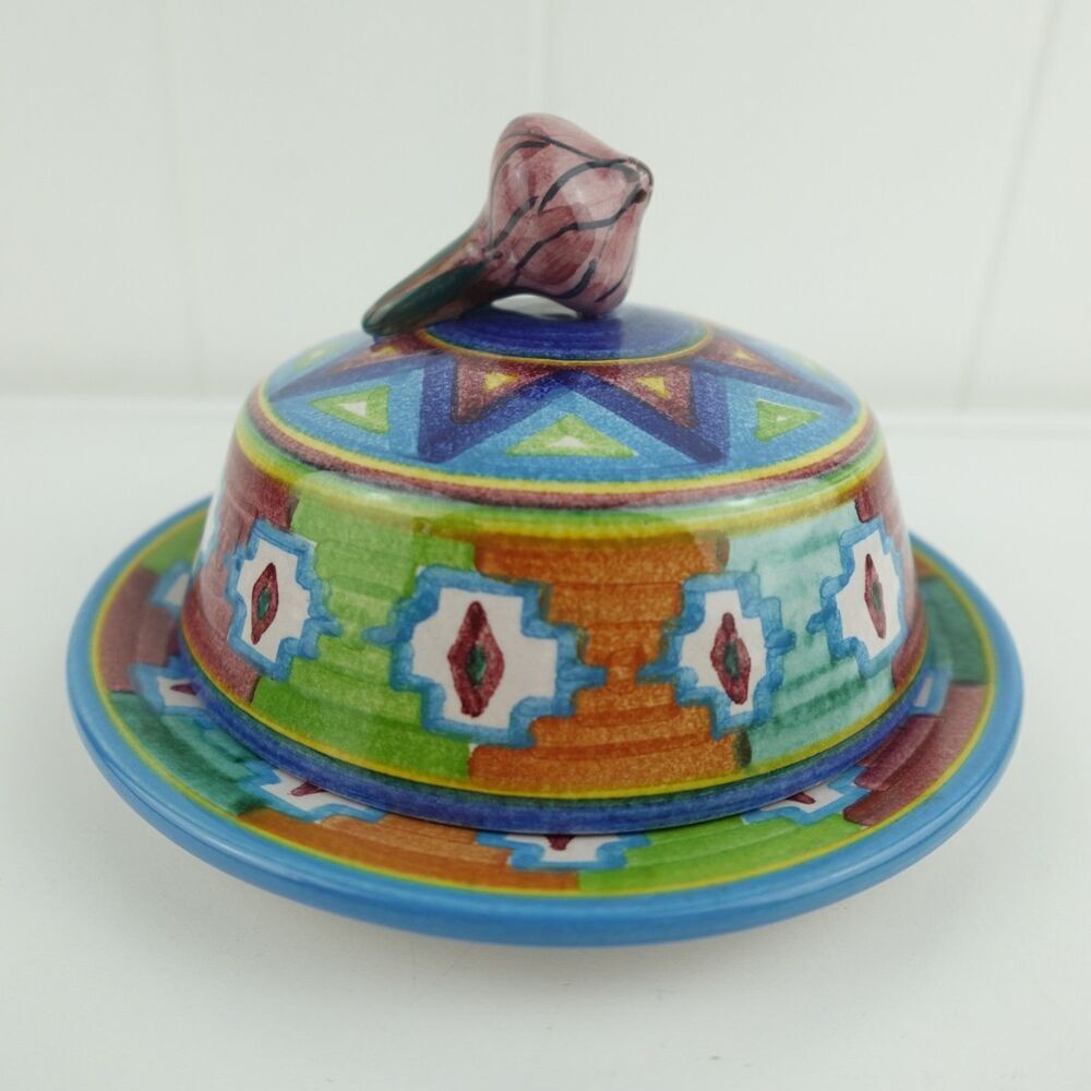Mexican Colorful Pottery Art Covered Butter Cheese Dish Signed By The Artist